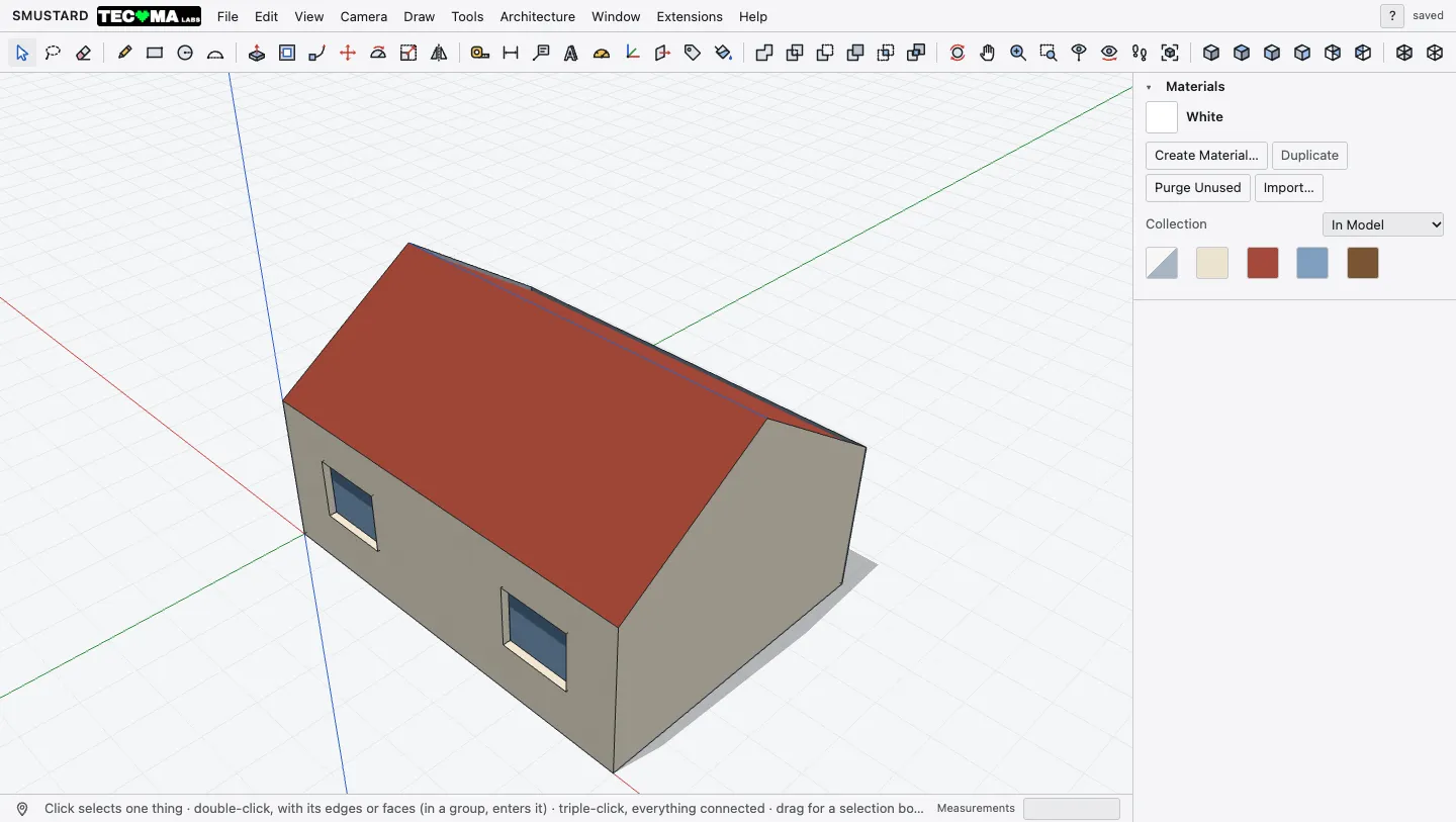Smustard with a house half modeled: the toolbar, the 3D view and the tray of panels.